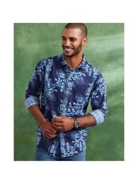 Tommy Bahama Long Sleeve Mens Navy Blue Floral Shirt Jingle Plaid Rock Large